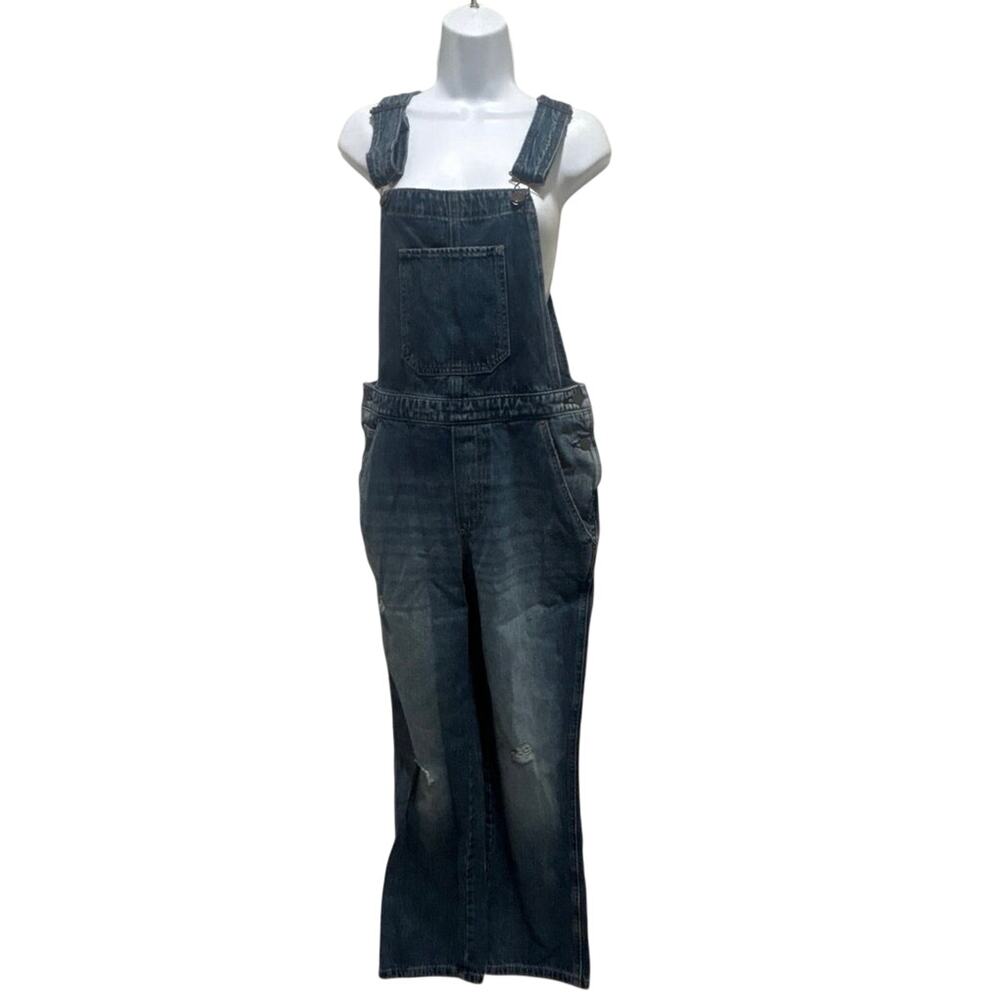 Lucky Brand Boyfriend Distressed Overall Blue Jeans, Women’s M, Shredded knees
